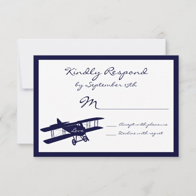 Tarjetas RSVP de Boda Azul Aviador de Biplano Vint (Anverso)