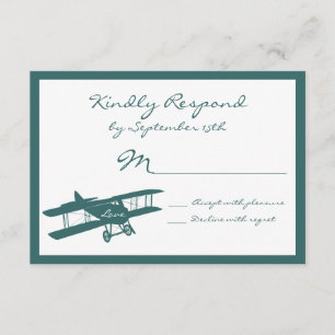 Tarjetas RSVP de Boda Azul Aviador de Biplano Vint
