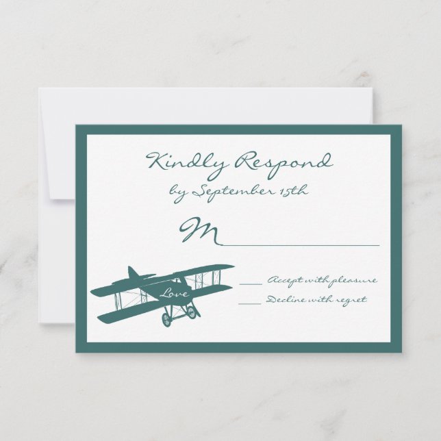 Tarjetas RSVP de Boda Azul Aviador de Biplano Vint (Anverso)