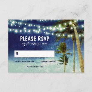 tarjetas RSVP de boda azul de playa de luces y pal