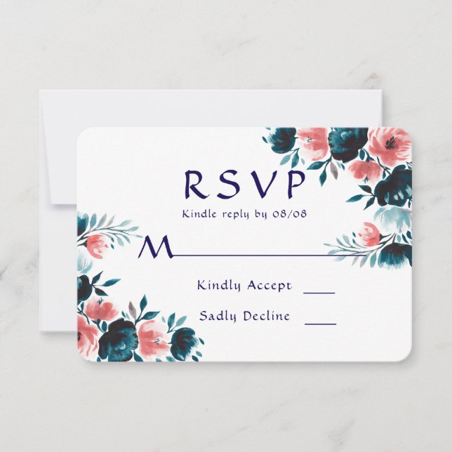 Tarjetas RSVP de Boda Azul y Coral (Anverso)