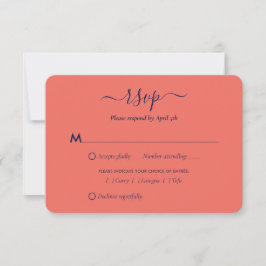 Tarjetas RSVP de boda azul y coral de la Marina mo