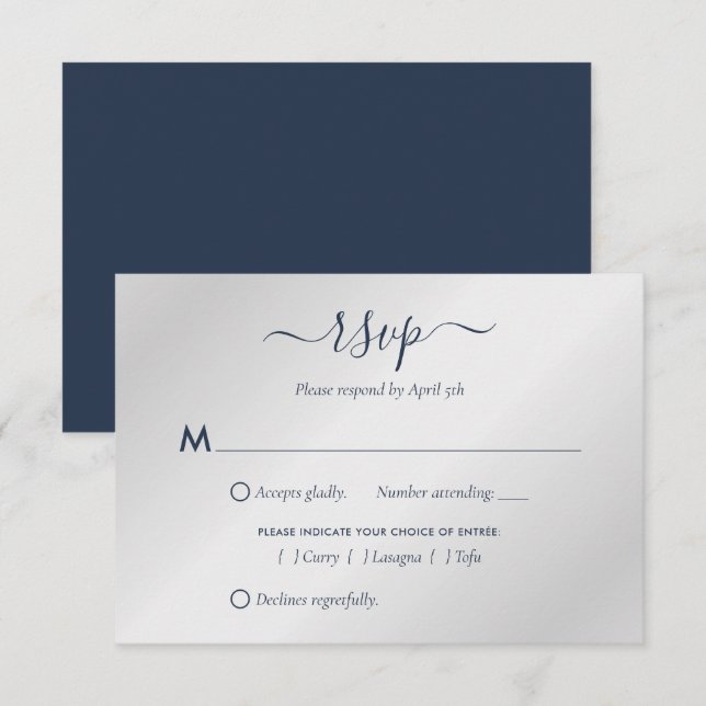 Tarjetas RSVP de boda azul y plata de la Marina mo (Anverso / Reverso)