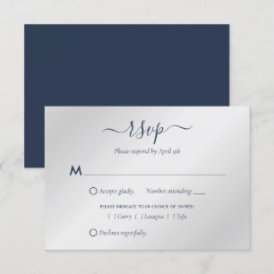 Tarjetas RSVP de boda azul y plata de la Marina mo