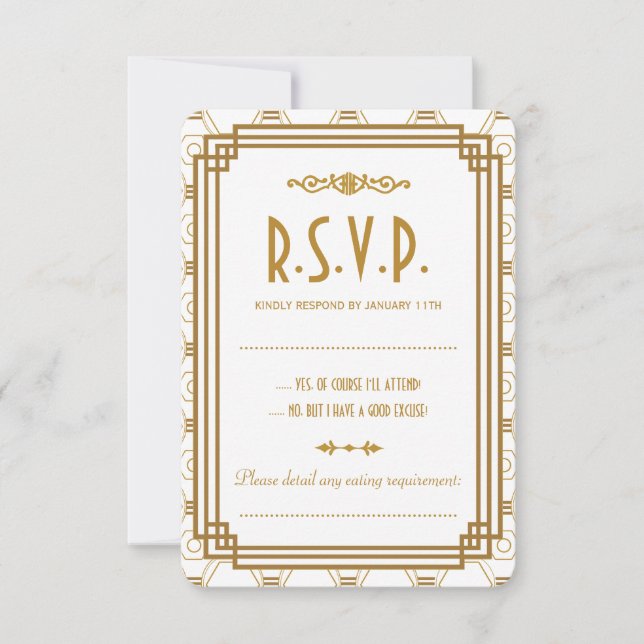 Tarjetas RSVP de boda blanca personalizado Art Dec (Anverso)