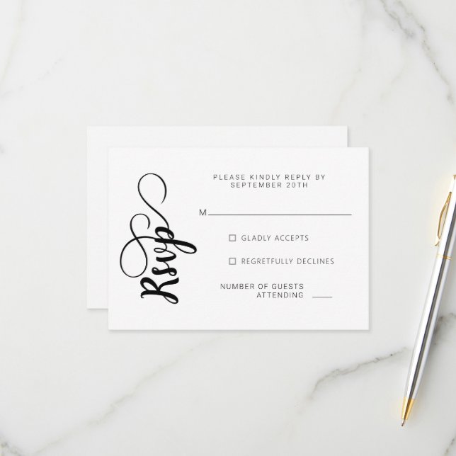 Tarjetas RSVP de boda blanca y negra (Anverso/Reverso In Situ)