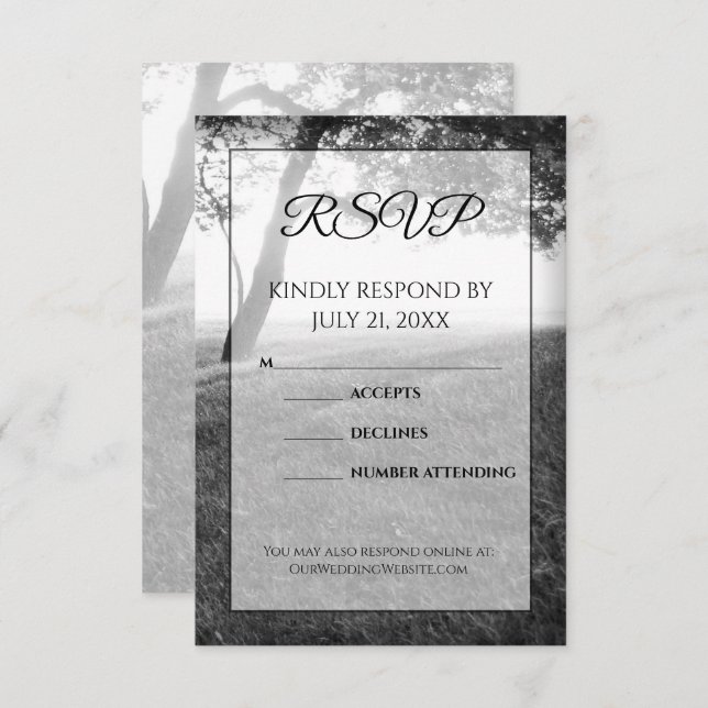 Tarjetas RSVP de boda blanca y negra al aire libre (Anverso / Reverso)