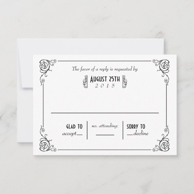 Tarjetas RSVP de Boda Blanca y Negra Fancy Art Dec (Anverso)