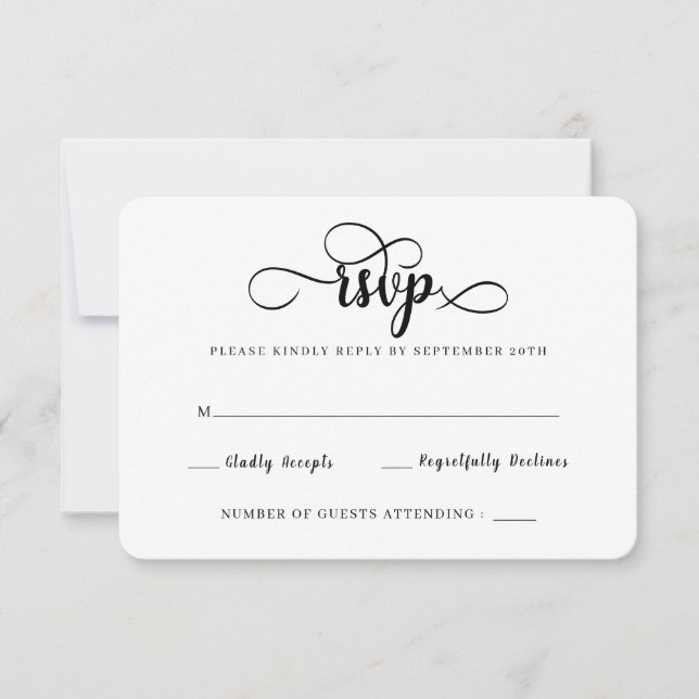 Tarjetas RSVP de boda blanca y negra moderna (Anverso)
