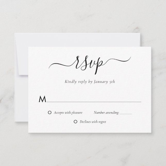 Tarjetas RSVP de boda blanca y negra moderna (Anverso)