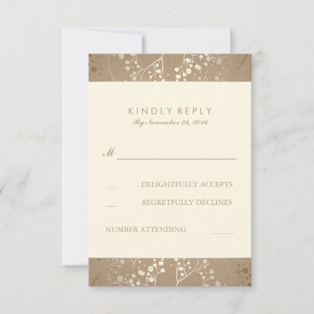 Tarjetas RSVP de boda de aliento de bebé dorada (Anverso)