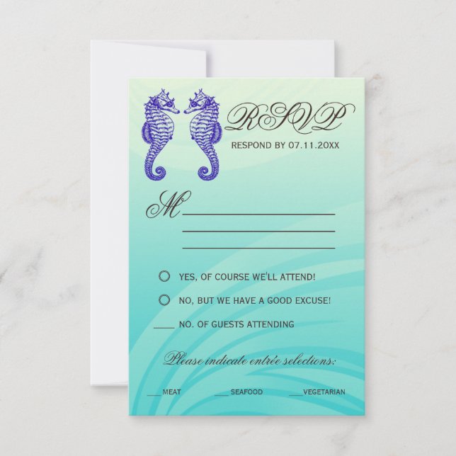 Tarjetas RSVP de boda de caballito de mar azul (Anverso)
