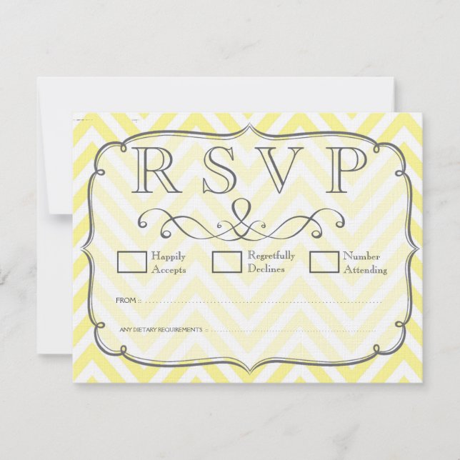 Tarjetas RSVP de Boda de Chevron blanca y amarilla (Anverso)