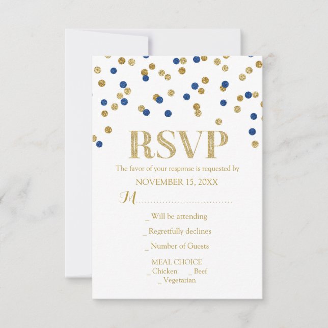 Tarjetas RSVP de Boda de Confetti de Oro Azul de l (Anverso)