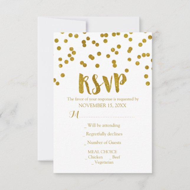 Tarjetas RSVP de Boda de Confetti Gold (Anverso)