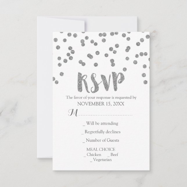 Tarjetas RSVP de boda de Confetti plateado (Anverso)
