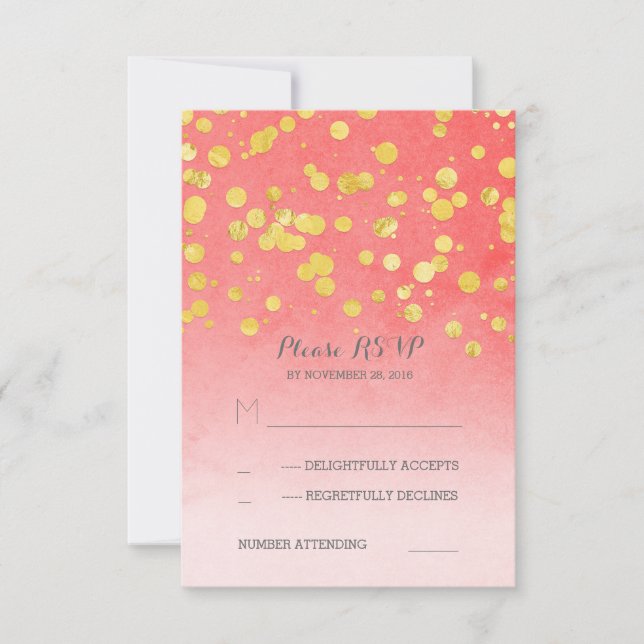 tarjetas RSVP de boda de coral rosa brillante dora (Anverso)