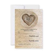 Tarjetas RSVP de boda de corazón de madera de camp