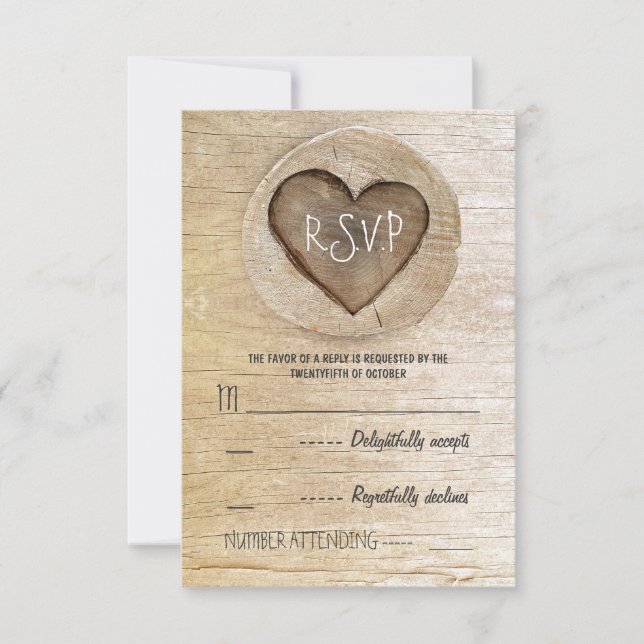 Tarjetas RSVP de boda de corazón de madera de camp (Anverso)