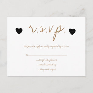 Tarjetas RSVP de boda de corazones negros dorados