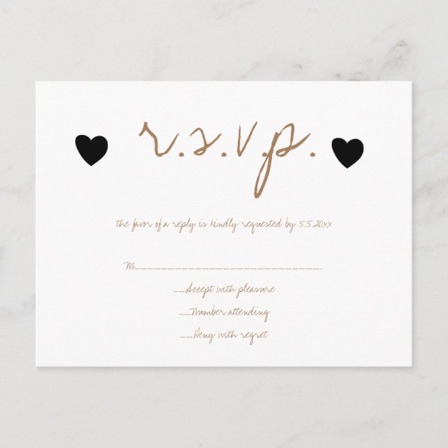 Tarjetas RSVP de boda de corazones negros dorados (Anverso)