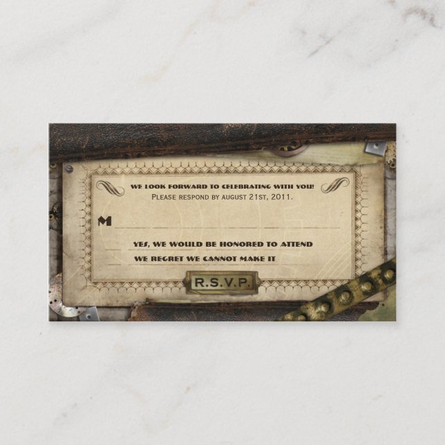 Tarjetas RSVP de boda de cuero Steampunk en Victor (Anverso)