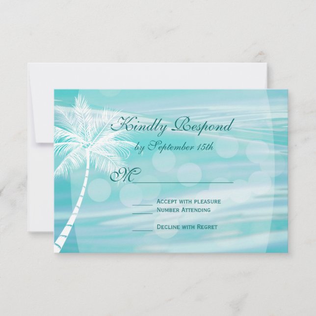 Tarjetas RSVP de Boda de destino Palm Tree Beach (Anverso)
