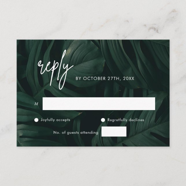 Tarjetas RSVP de boda de destino tropical (Anverso)