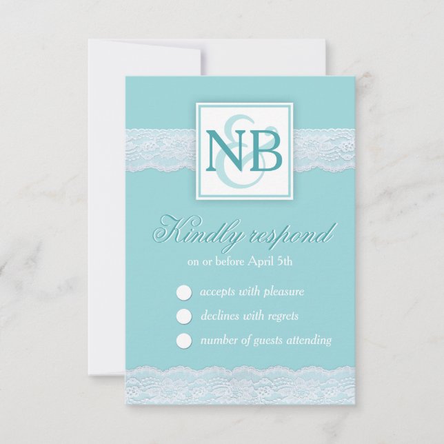 Tarjetas RSVP de boda de encaje de menta Monograma (Anverso)