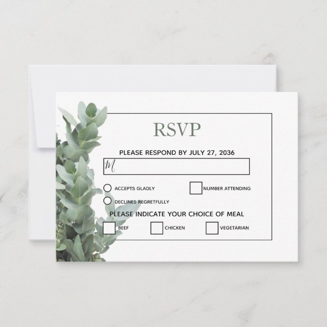 Tarjetas RSVP de boda de eucalipto de plata en dól (Anverso)