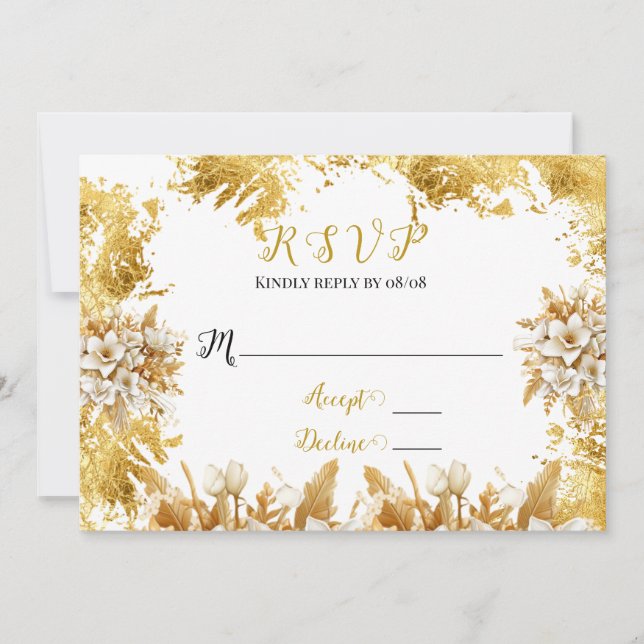 Tarjetas RSVP de Boda de Flores Blancas y Oro (Anverso)
