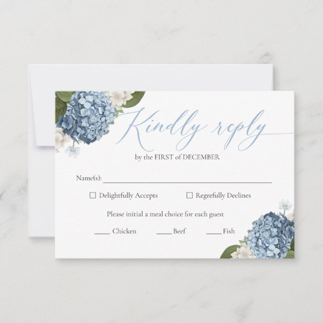 Tarjetas RSVP de Boda de Hidrangea Azul (Anverso)