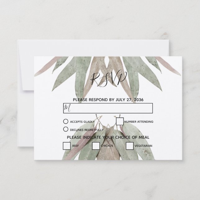 Tarjetas RSVP de boda de hojas de eucalipto rústic (Anverso)