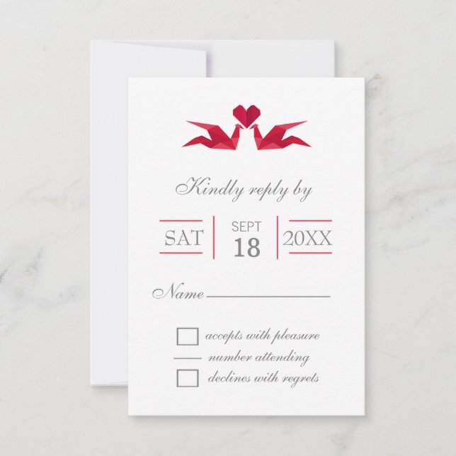 tarjetas RSVP de boda de las grúas rojas de origam (Anverso)