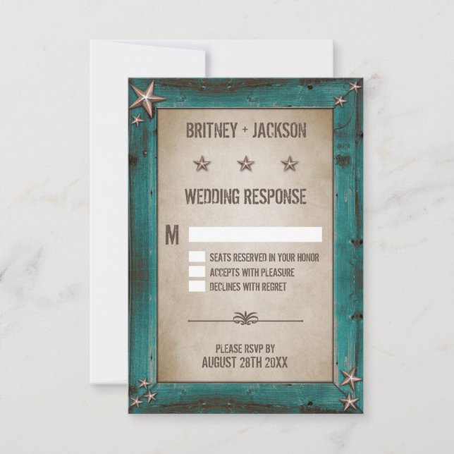 Tarjetas RSVP de Boda de Madera Turquesa Occidenta (Anverso)