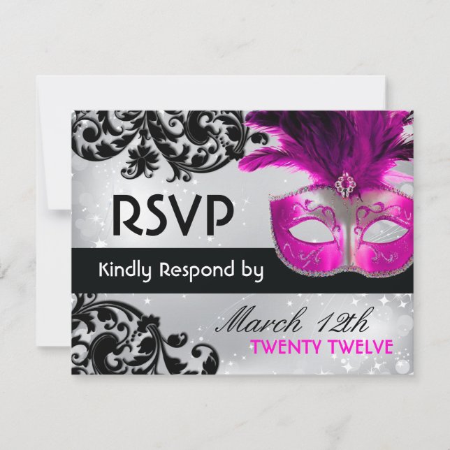 Tarjetas RSVP de boda de mascarada (Anverso)