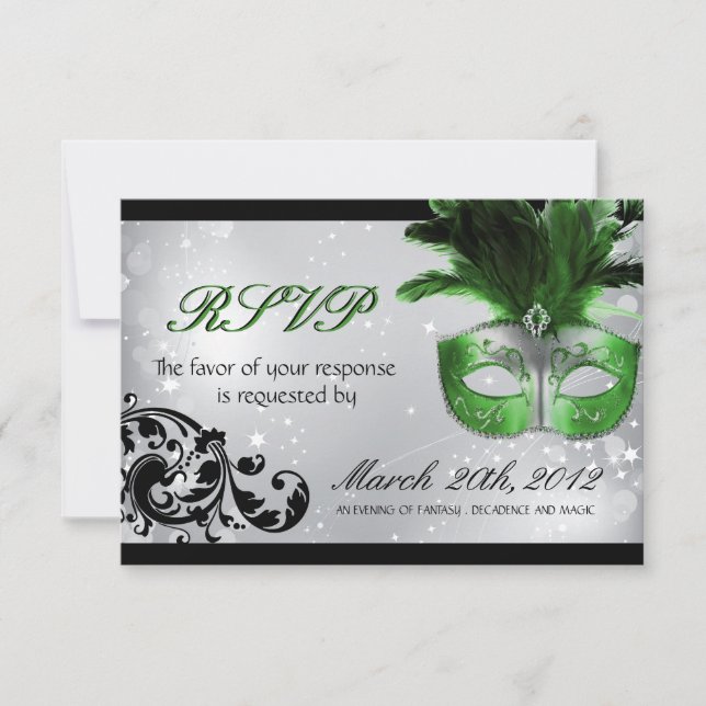 Tarjetas RSVP de boda de mascarada (Anverso)
