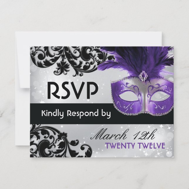 Tarjetas RSVP de boda de mascarada (Anverso)