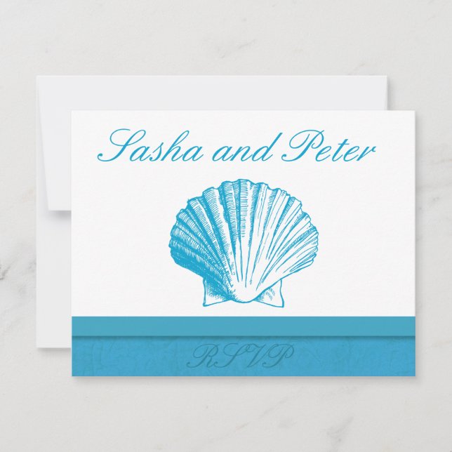 Tarjetas RSVP de Boda de Ocean Blue Shell Beach (Anverso)