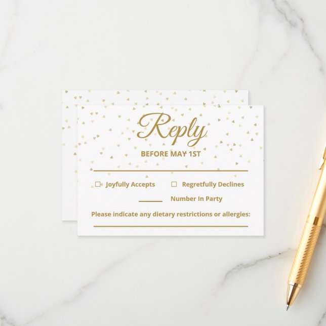 Tarjetas RSVP de Boda de personalizable Gold Heart (Anverso/Reverso In Situ)