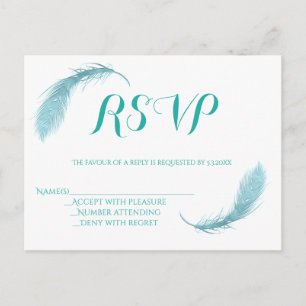 Tarjetas RSVP de boda de plumas verde azuladas