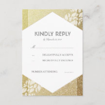 Tarjetas RSVP de Boda de Purpurina de oro y hojas