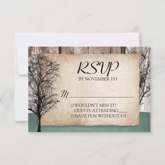 Tarjetas RSVP de boda de venado con madera rústica (Anverso)