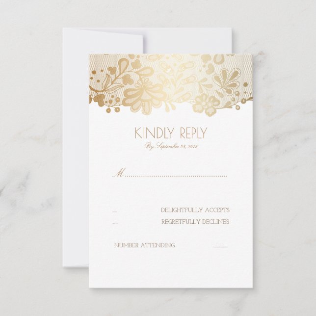 Tarjetas RSVP de Boda Elegante de encaje dorado (Anverso)