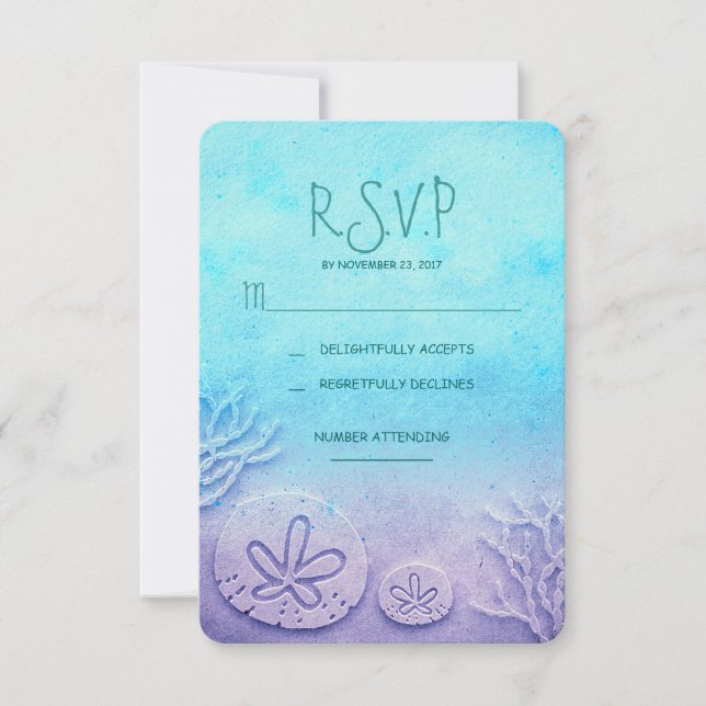 tarjetas RSVP de boda en la playa de arena azul (Anverso)