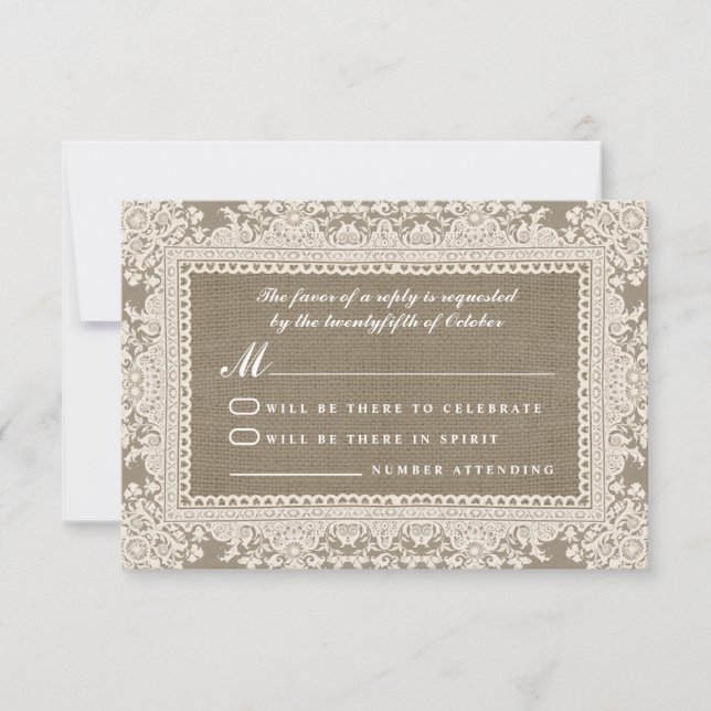 Tarjetas RSVP de boda en lazo blanco y en burlap (Anverso)