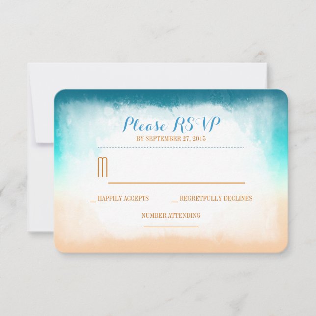 Tarjetas RSVP de boda en playa azul (Anverso)