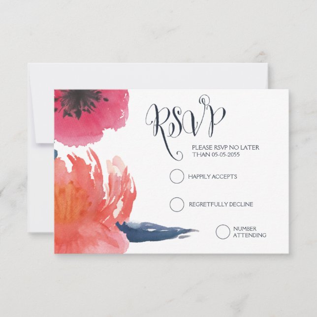 Tarjetas RSVP de boda floral acuarela de la Marina (Anverso)
