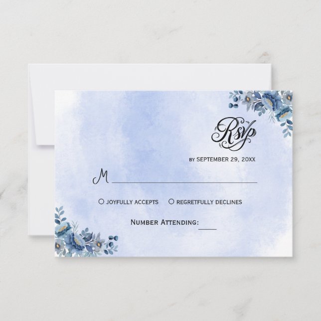 Tarjetas RSVP de boda floral azul (Anverso)