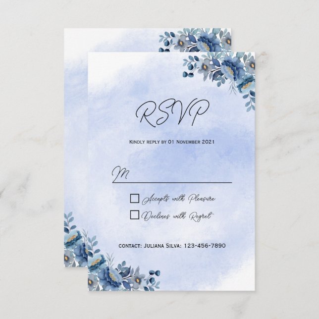 Tarjetas RSVP de boda floral azul (Anverso / Reverso)